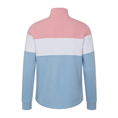Colorblock turtleneck zip sweatshirt in pink, white, and blue for ladies quarter zip style