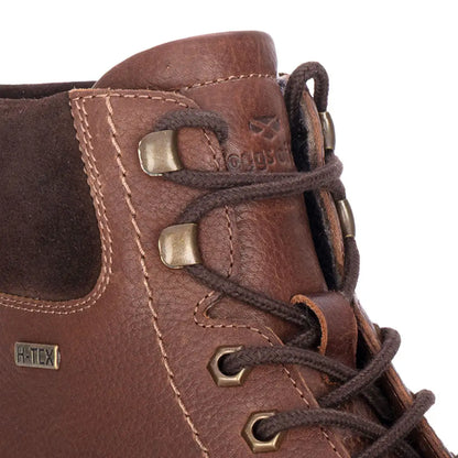 Close-up of Fife Dundas Lace boots showing brown leather, dark laces, and metal eyelets