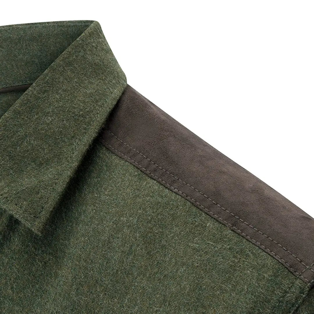 Green wool collar with brown suede patch on Fife Dunvegan Flannel Shirt