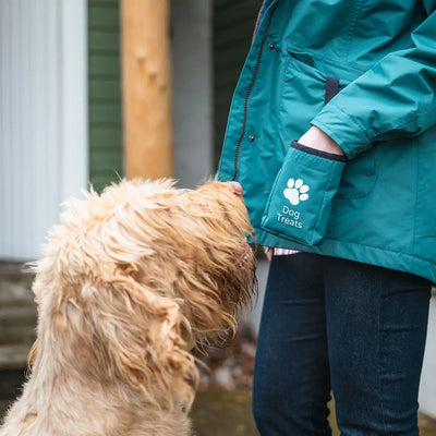 Teal dog-treat pocket on the Fife Fara Waterproof Jacket for adventures