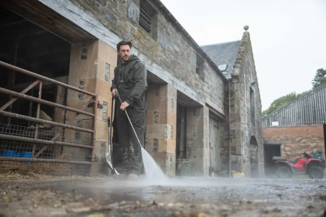 Black and white pressure washer with long hose for Hoggs of Fife Green King II Waterproof Bib & Braces