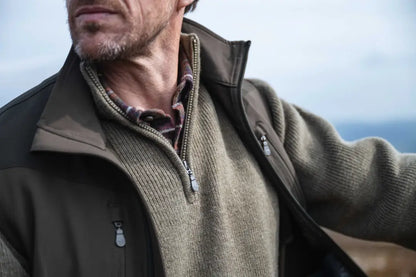 Olive green wool zip neck windproof pullover with pocket detail from Hoggs Of Fife