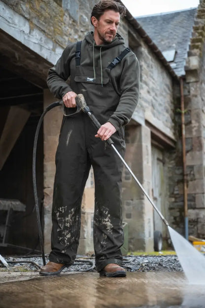 Black waterproof Hoggs of Fife Hoodie jumpsuit with hood and suspenders for outdoor work