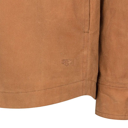 Close-up of the brown linen shirt detail on the Fife Huntly Waxed Canvas Utility Overshirt