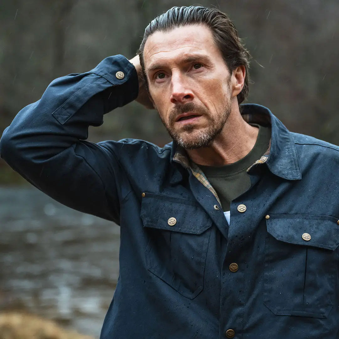 Blue button-down work shirt from Hoggs of Fife Huntly Waxed Canvas Utility Overshirt