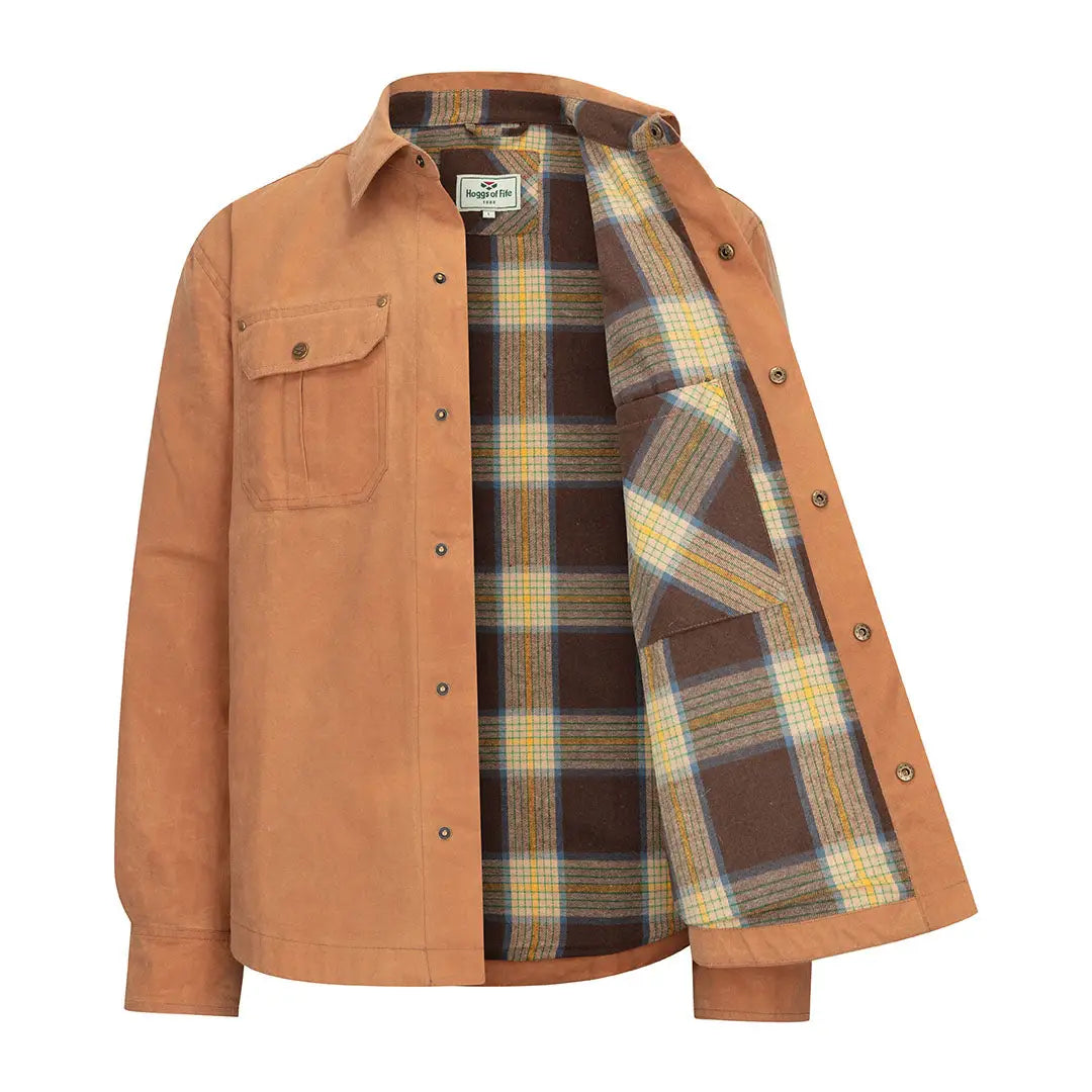 Open tan Hoggs of Fife Huntly Waxed Canvas Utility Overshirt with plaid lining