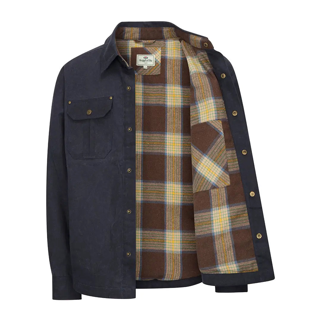 Open navy blue shirt jacket with plaid lining from Hoggs of Fife Huntly Waxed collection