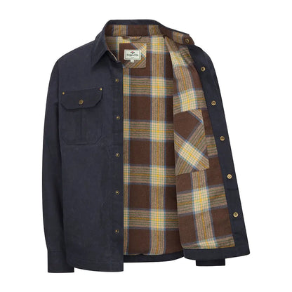 Open navy blue shirt jacket with plaid lining from Hoggs of Fife Huntly Waxed collection