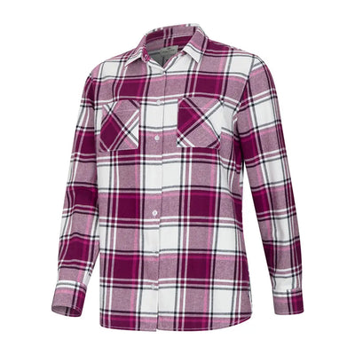 Women’s purple, white, and black plaid Caitlyn oversized flannel shirt with chest pockets