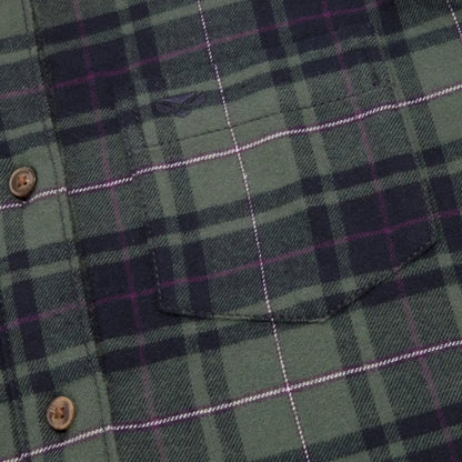 Plaid flannel shirt in green, navy, and pink with microfleece lining and subtle tartan check