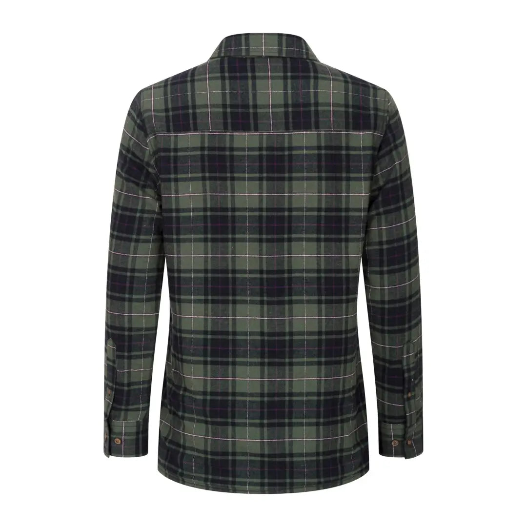Dark green and black plaid flannel shirt with microfleece lining for ultimate comfort
