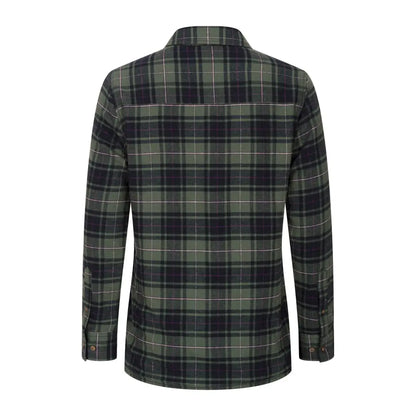 Dark green and black plaid flannel shirt with microfleece lining for ultimate comfort