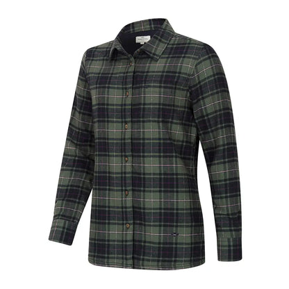 Green and black plaid flannel shirt with microfleece lining and subtle tartan check