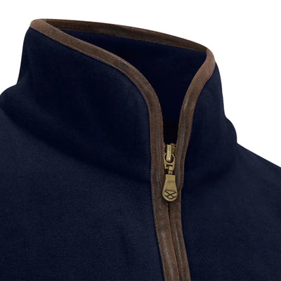 Navy zip fleece jacket collar with brown trim for stylish country clothing