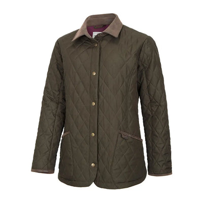Olive green Fife Ladybank quilted jacket with brown corduroy collar and gold snaps