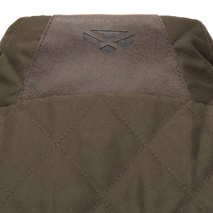 Olive green Lindores Gents quilted gilet with dark brown faux leather shoulder patch