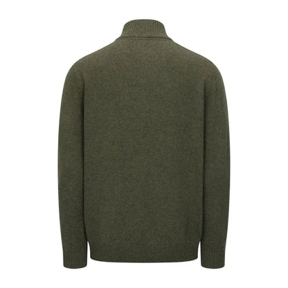 Olive green knit sweater with high collar from Hoggs of Fife, a modern classic zip pullover