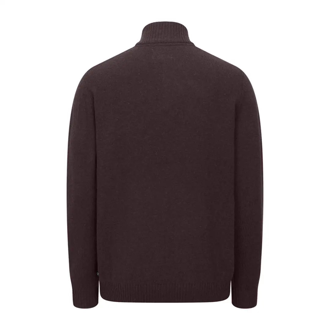 Dark brown turtleneck sweater with ribbed collar in Hoggs of Fife zip neck pullover