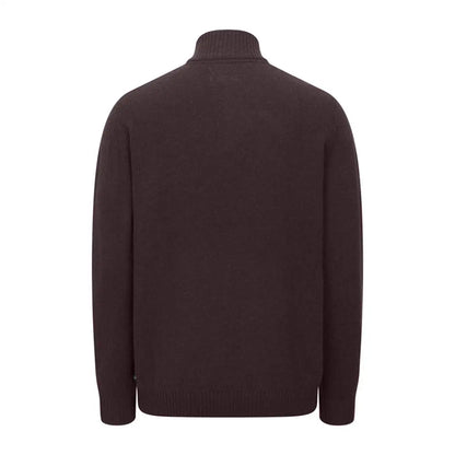 Dark brown turtleneck sweater with ribbed collar in Hoggs of Fife zip neck pullover