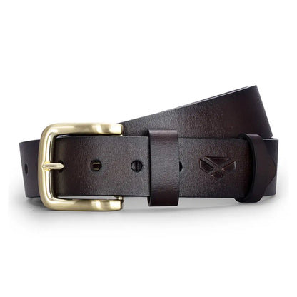 Dark brown leather belt with gold-tone buckle from Hoggs Of Fife, perfect for country fashion ensemble