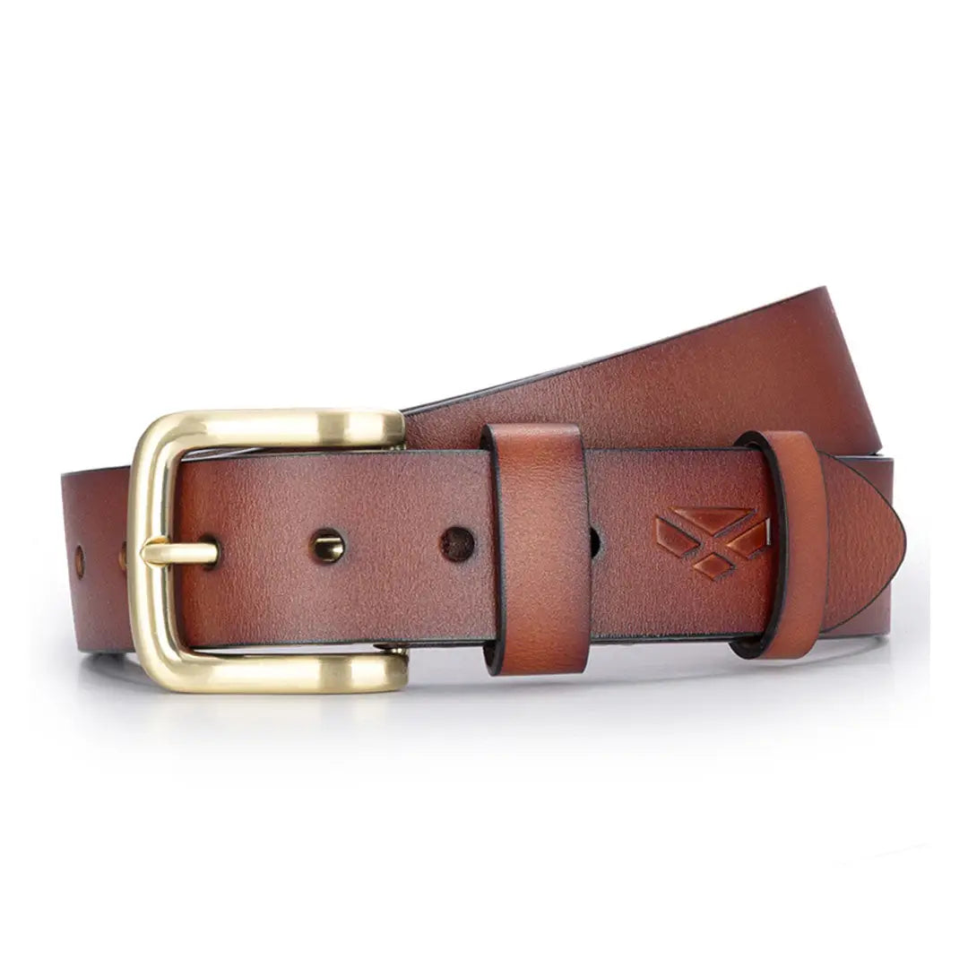 Brown leather belt with brass buckle from Hoggs Of Fife, perfect for country fashion ensemble