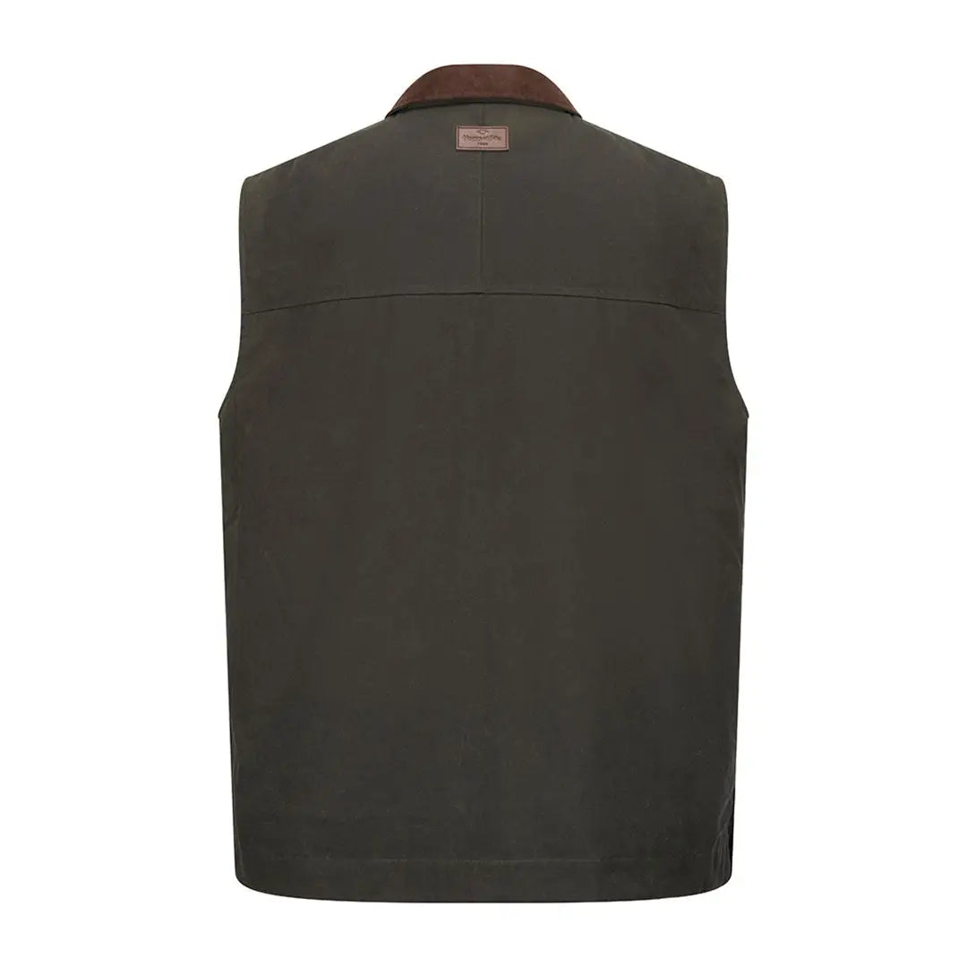Olive green Hoggs of Fife Maxton Gents padded waxed waistcoat with brown collar