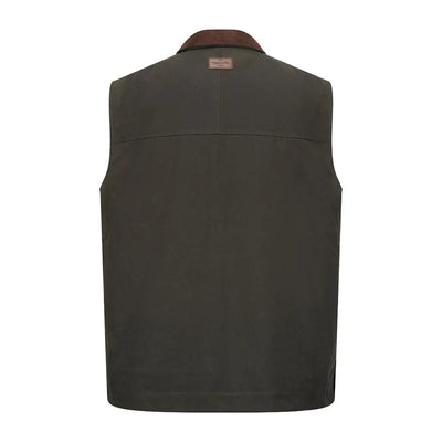 Olive green Hoggs of Fife Maxton Gents padded waxed waistcoat with brown collar