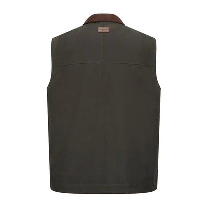Olive green Hoggs of Fife Maxton Gents padded waxed waistcoat with brown collar