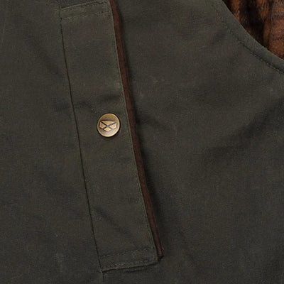 Dark green fabric with brass B button on Hoggs of Fife Maxton Gents padded waxed waistcoat