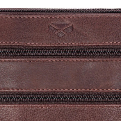 Brown Monarch Leather Travel Organiser with three zippers and embossed logo