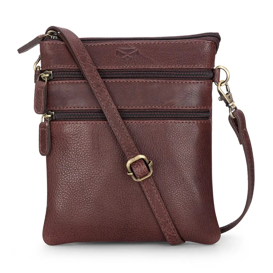 Brown leather crossbody bag with multiple zippers for Hoggs of Fife Monarch Leather Travel Organiser