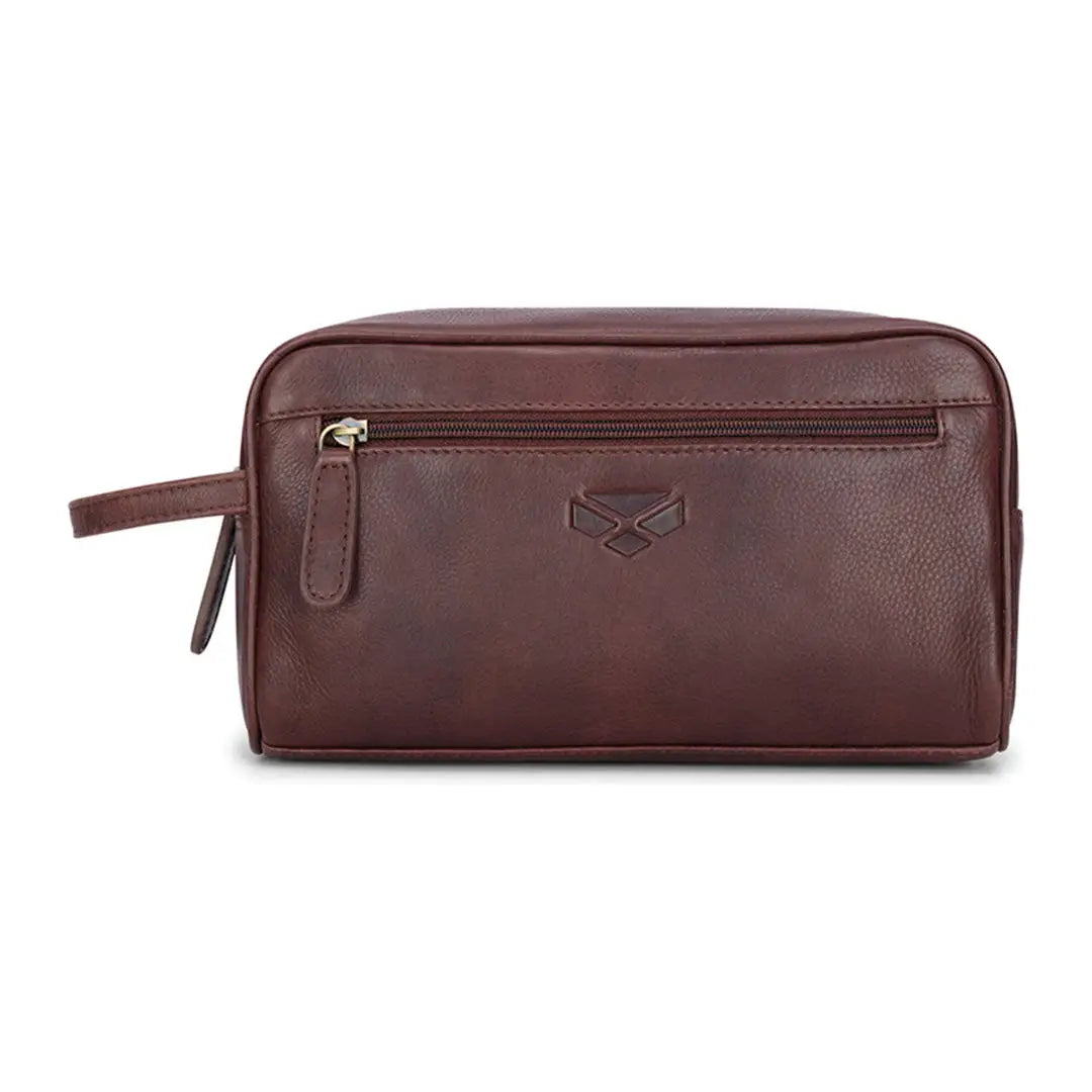 Dark brown Hoggs of Fife Monarch Leather Wash Bag with zipper and side strap