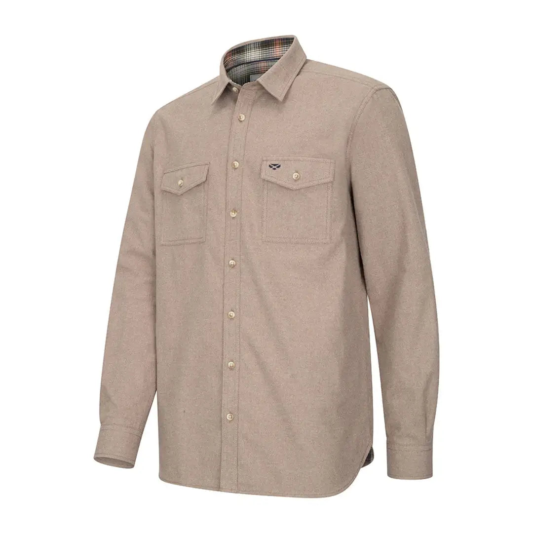 Men’s beige Fife Moy Moleskin shirt with chest pockets and plaid lining