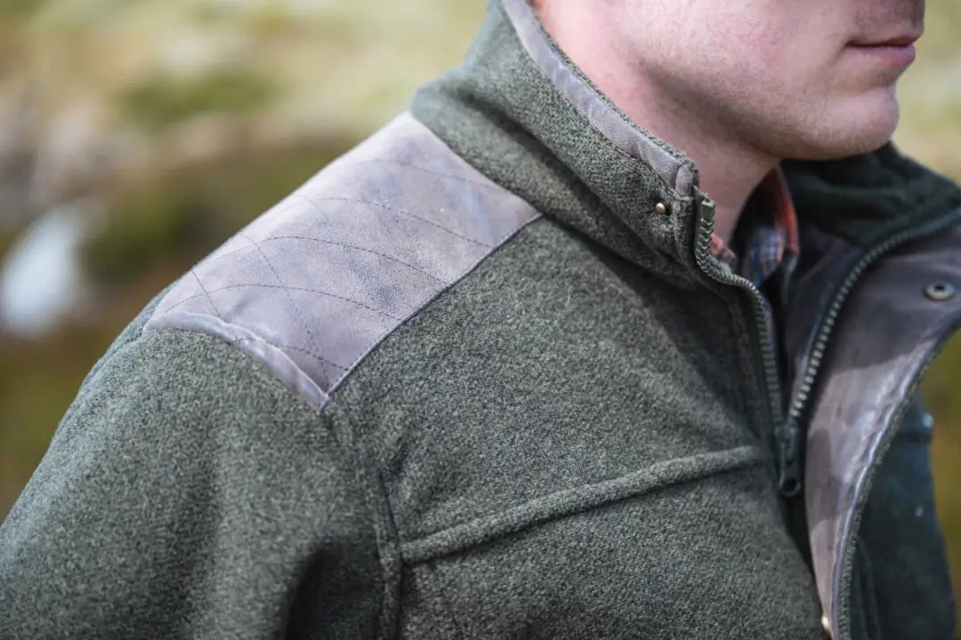 Olive green Hoggs of Fife Sportsman Pro fleece jacket with leather shoulder patches