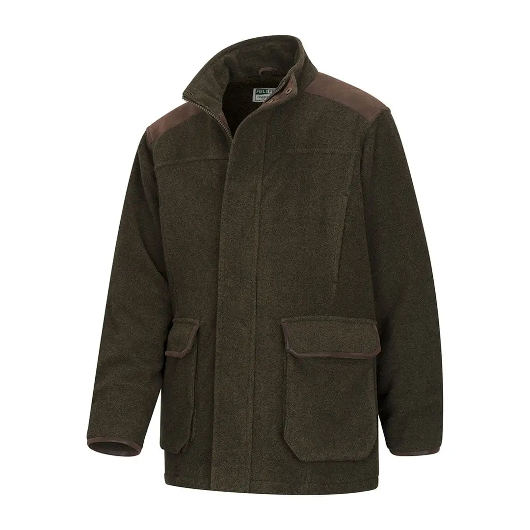 Dark olive green Hoggs of Fife Sportsman Pro fleece jacket with brown patches and pockets