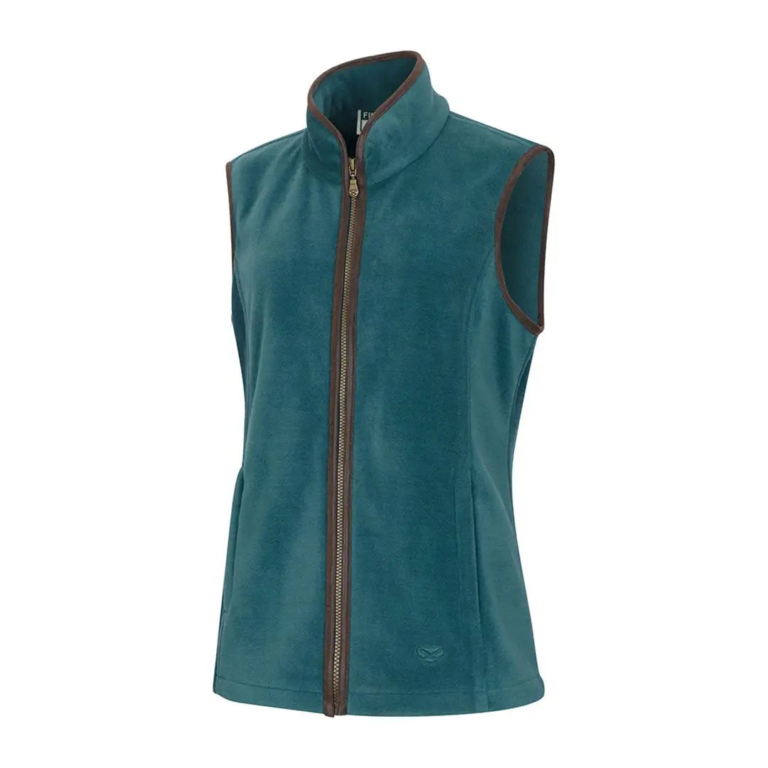 Teal fleece vest with brown trim and full zipper from Hoggs of Fife Stenton Ladies Fleece Gilet featuring classy textured faux fabric