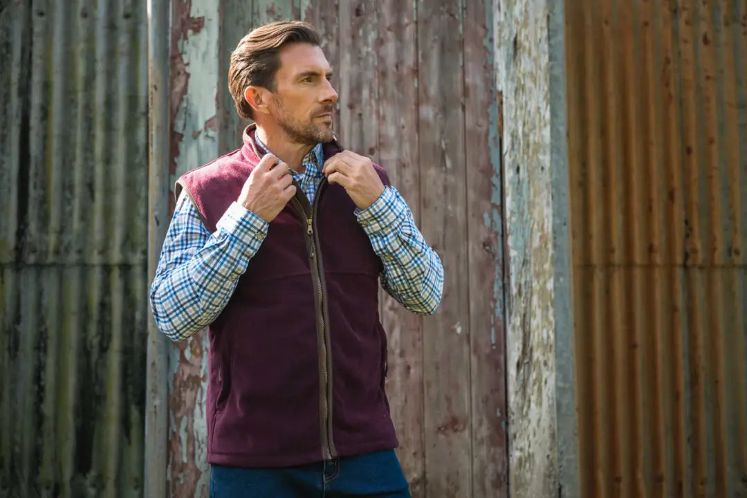 Hoggs of Fife Stenton Technical Fleece Gilet with Burgundy fleece vest and plaid shirt