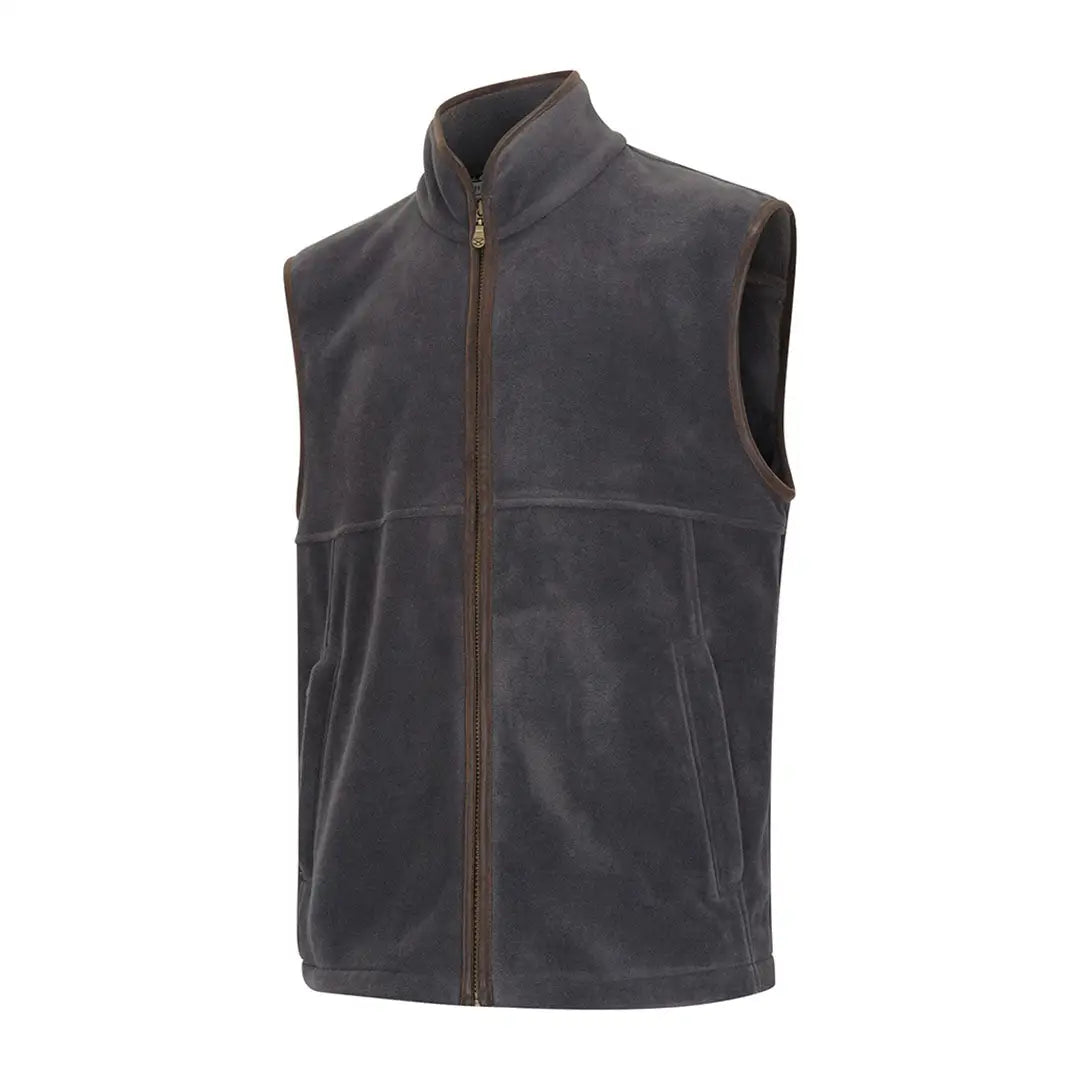Men’s charcoal gray suede vest with full-zip and stand-up collar, perfect for hunting and country clothing