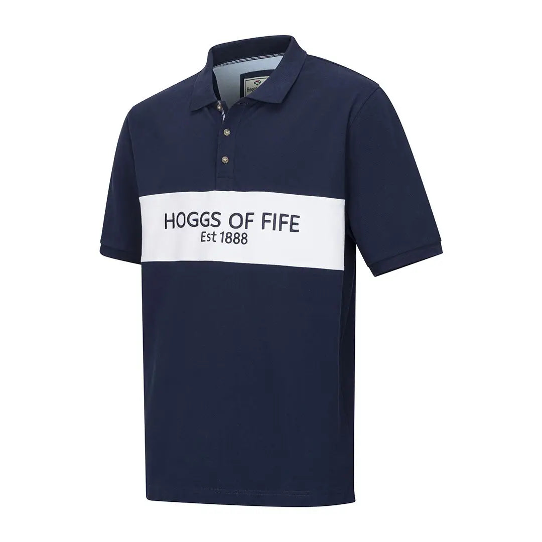 Navy polo shirt with white stripe from Hoggs of Fife Stewart Block Pique collection