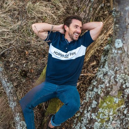 Navy and white polo shirt from Hoggs of Fife Stewart Block Pique collection