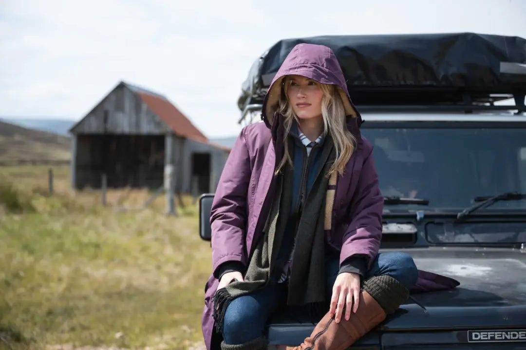 Purple Hooded Long Coat with Black Lining, Soft Cotton Blend - Best Country Clothing