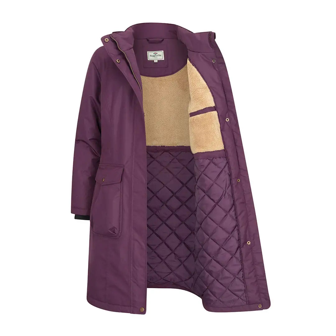 Plum-colored Hoggs of Fife Walker long coat with quilted lining and faux-fur interior for best country clothing