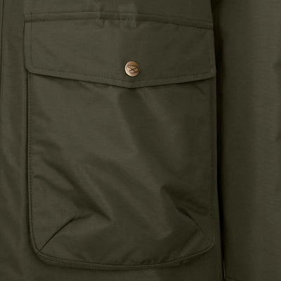 Olive green Hoggs of Fife Walker Mens Long Coat pocket with brass snap, perfect for outdoors
