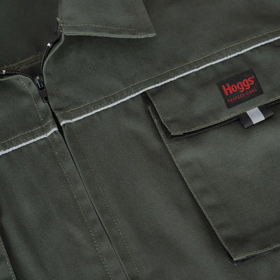 Olive green WorkHogg Coverall with Hoggs logo patch and zippered front for durability
