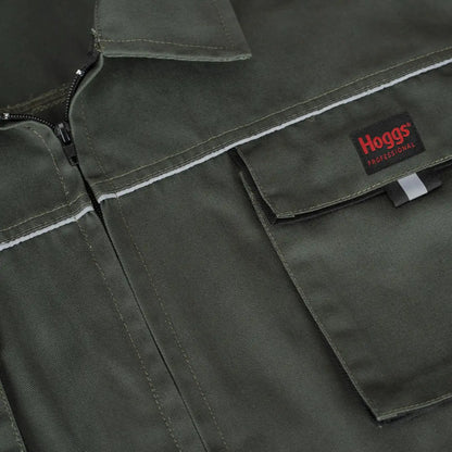 Olive green WorkHogg Coverall with Hoggs logo patch and zippered front for durability