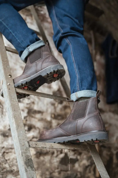 Brown leather Hoggs of Fife Zeus Safety Dealer Boots with red stitching and rubber sole