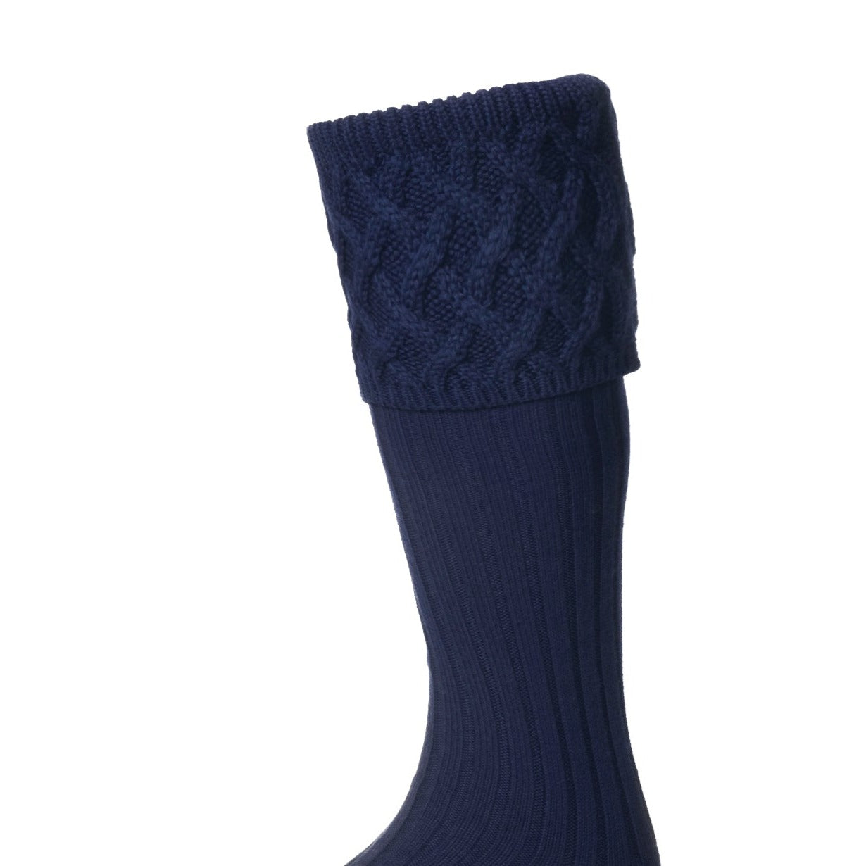 Navy blue cable-knit House of Cheviot Rannoch Socks made from cozy merino wool