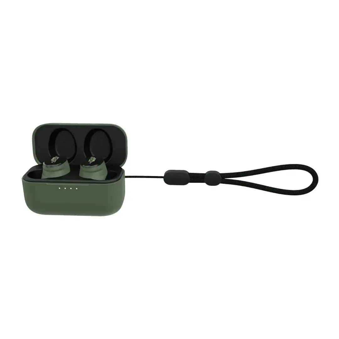 Green ISOTunes Sport Caliber Earbuds in charging case with lanyard for hunting and country clothing