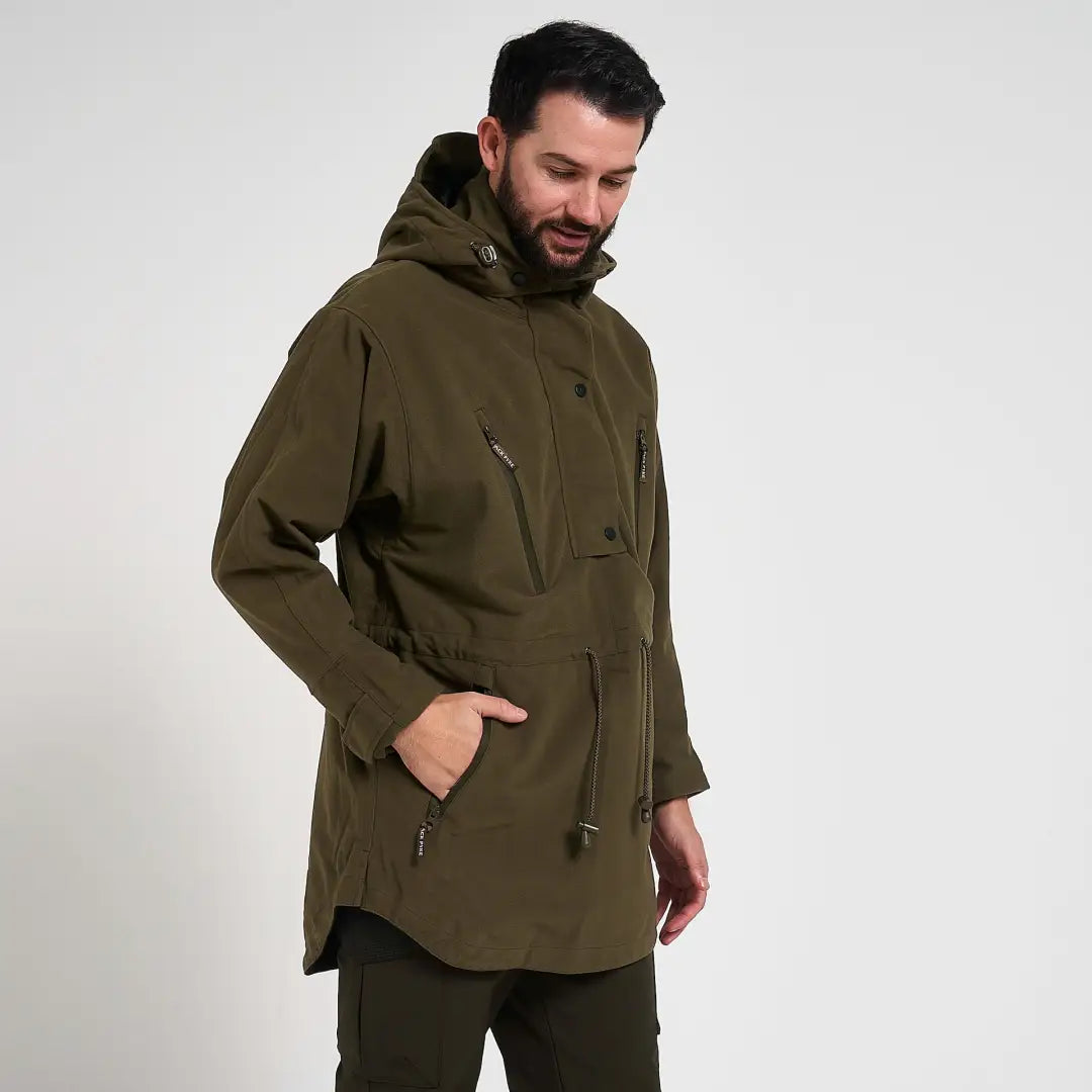 Olive green Jack Pyke Argyll hooded smock with zip pockets and drawstring waist