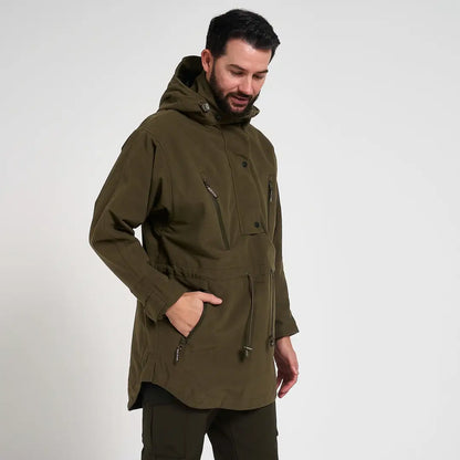 Olive green Jack Pyke Argyll hooded smock with zip pockets and drawstring waist